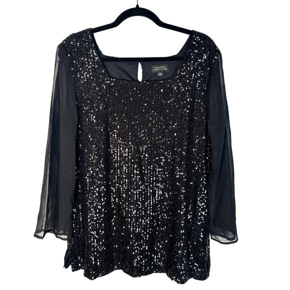 Tahari L Sequin Blouse Sheer Long Sleeves Square Neck Top Pullover Fancy Black - Picture 2 of 7